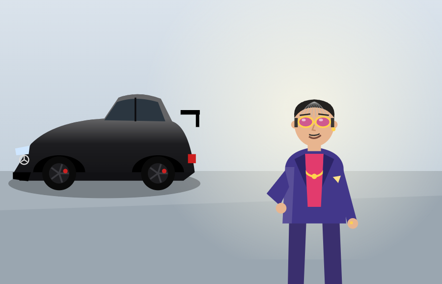 Illustration of a black Mercedes and a smiling dealer in tinted glasses